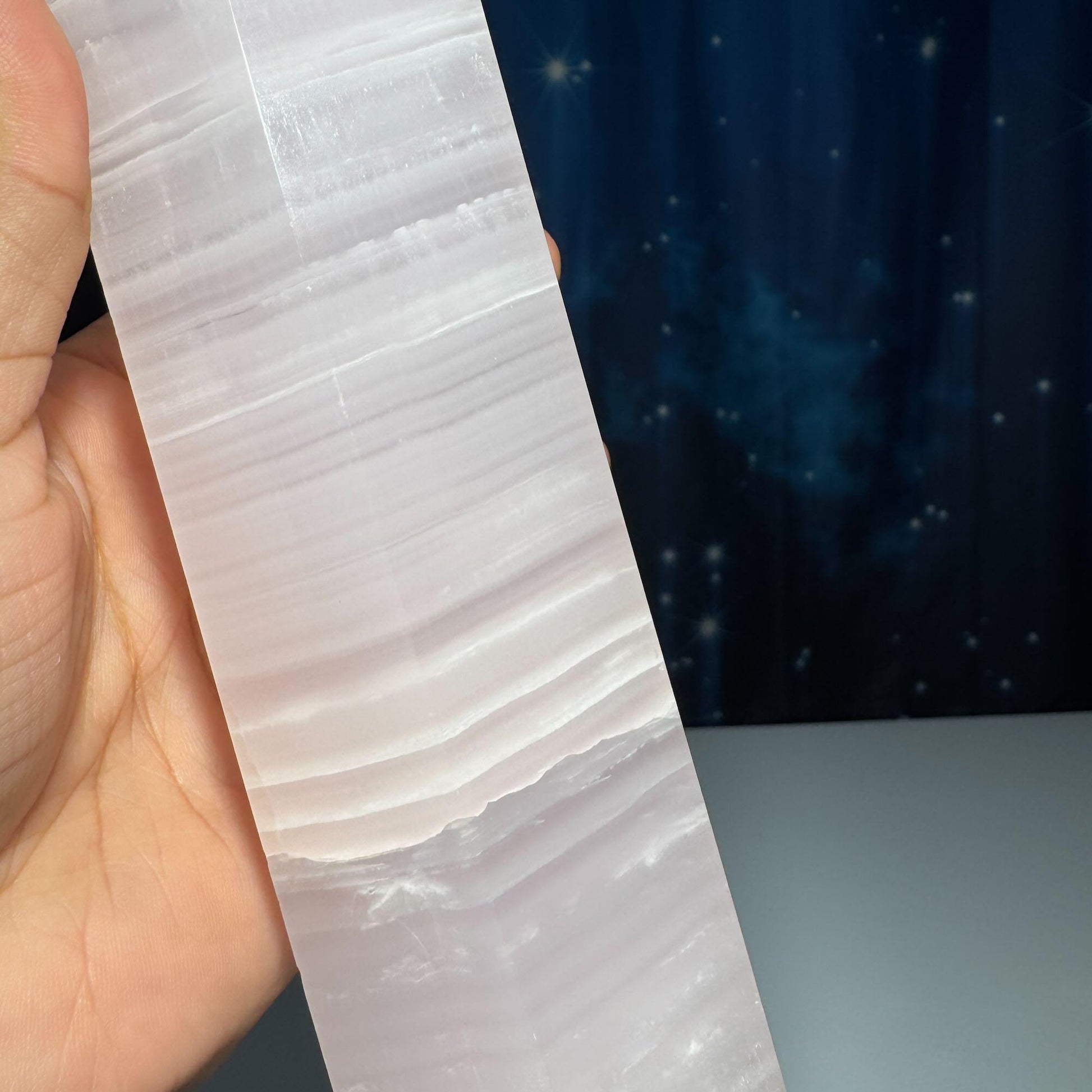 XL pink Mangano Calcite tower | 9 5/8” tall | 1.443 kilograms | Damage Discount | UV reactive | pink Banded Calcite tower