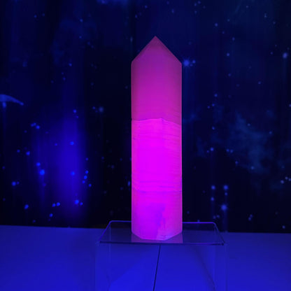 XL pink Mangano Calcite tower | 9 5/8” tall | 1.443 kilograms | Damage Discount | UV reactive | pink Banded Calcite tower