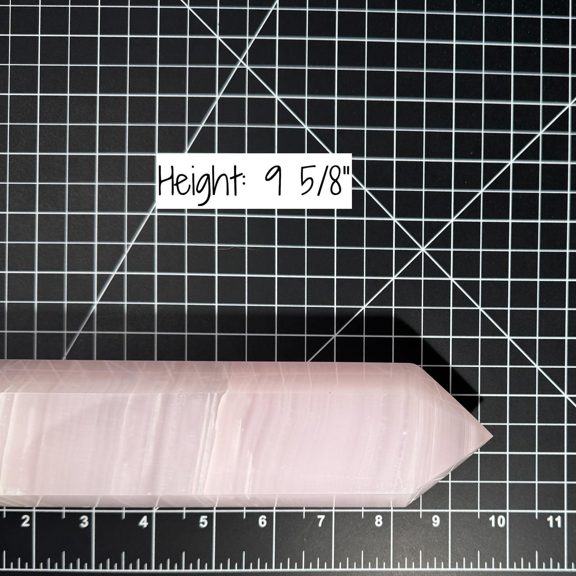 XL pink Mangano Calcite tower | 9 5/8” tall | 1.443 kilograms | Damage Discount | UV reactive | pink Banded Calcite tower