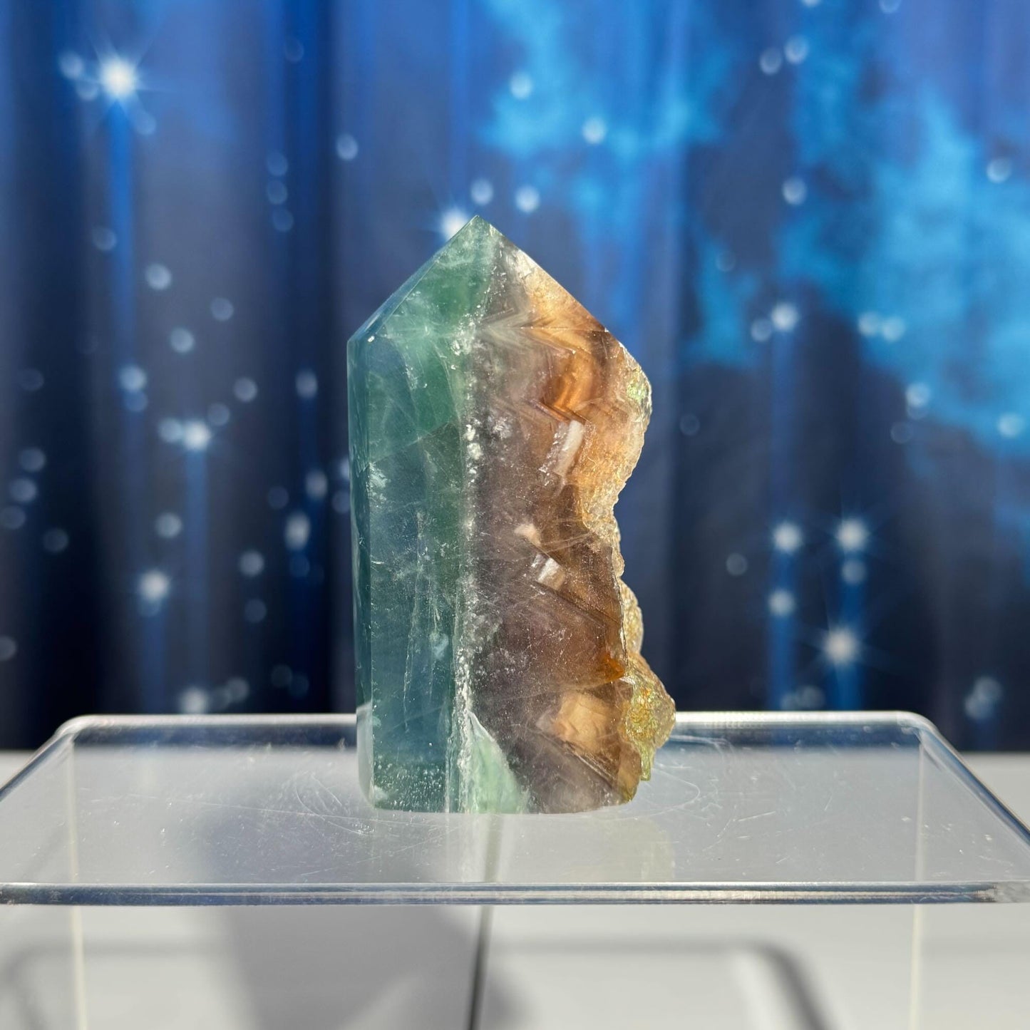 Rainbow Fluorite point | raw side | 3 1/4" tall | 232 grams | banded Fluorite | semi polished point