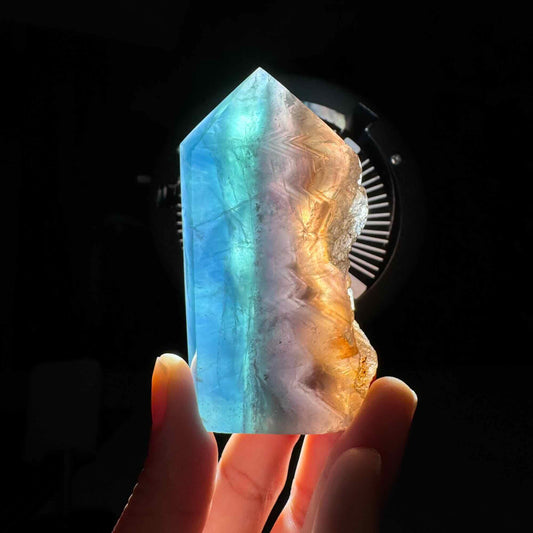 Rainbow Fluorite point | raw side | 3 1/4" tall | 232 grams | banded Fluorite | semi polished point