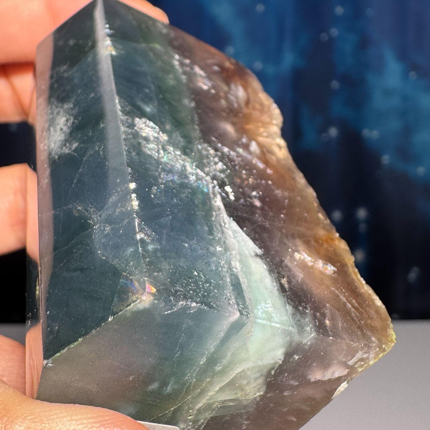 Rainbow Fluorite point | raw side | 3 1/4" tall | 232 grams | banded Fluorite | semi polished point