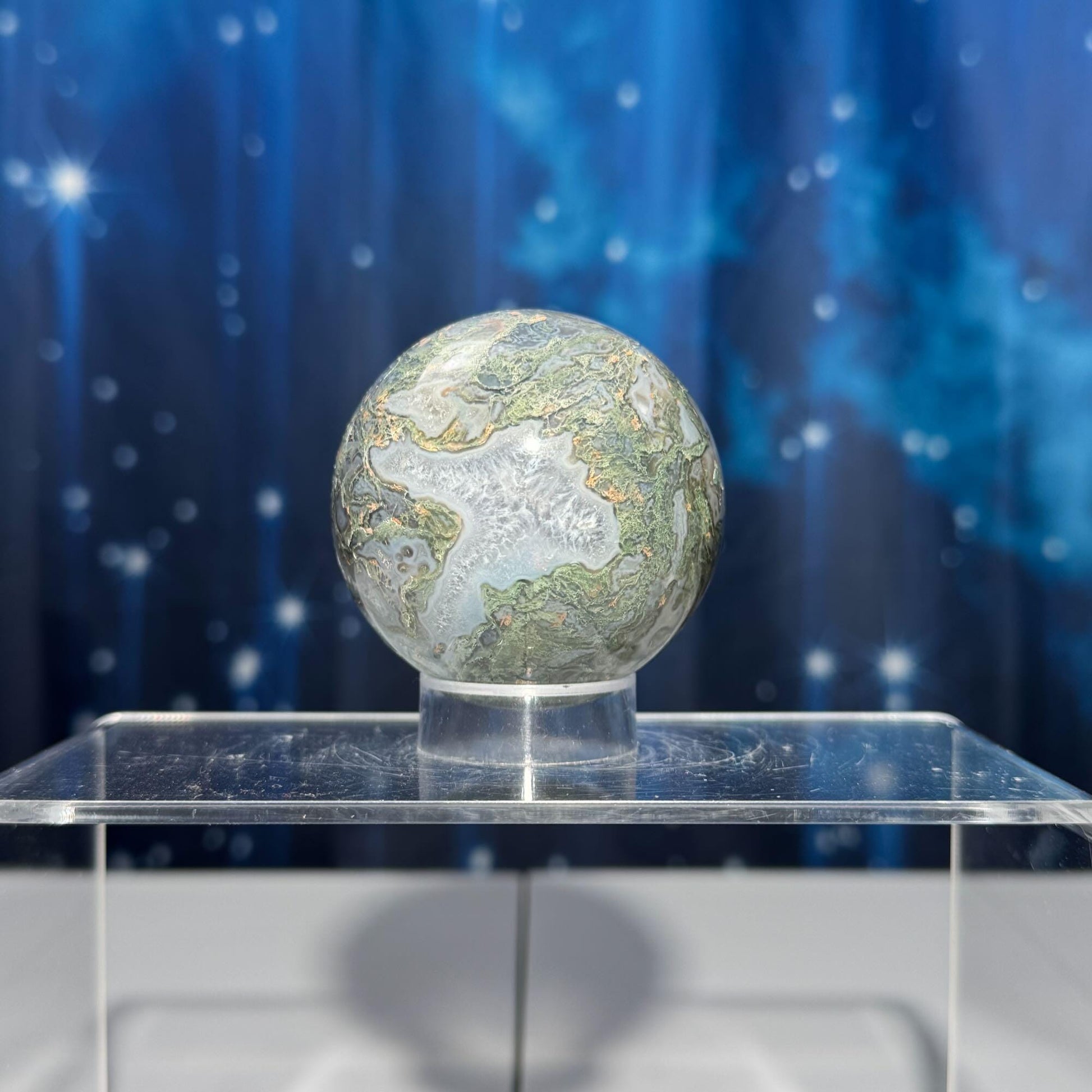 druzy Moss Agate sphere | 58mm | 278 grams | Quartz druzy | stand included
