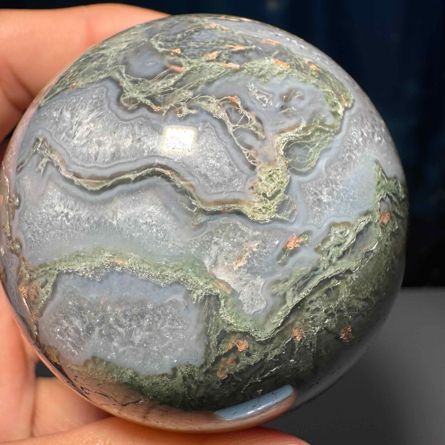 druzy Moss Agate sphere | 58mm | 278 grams | Quartz druzy | stand included