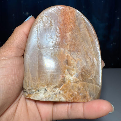 flashy Peach Moonstone free form | 4" tall | 462 grams | dual flash | Damage Discount