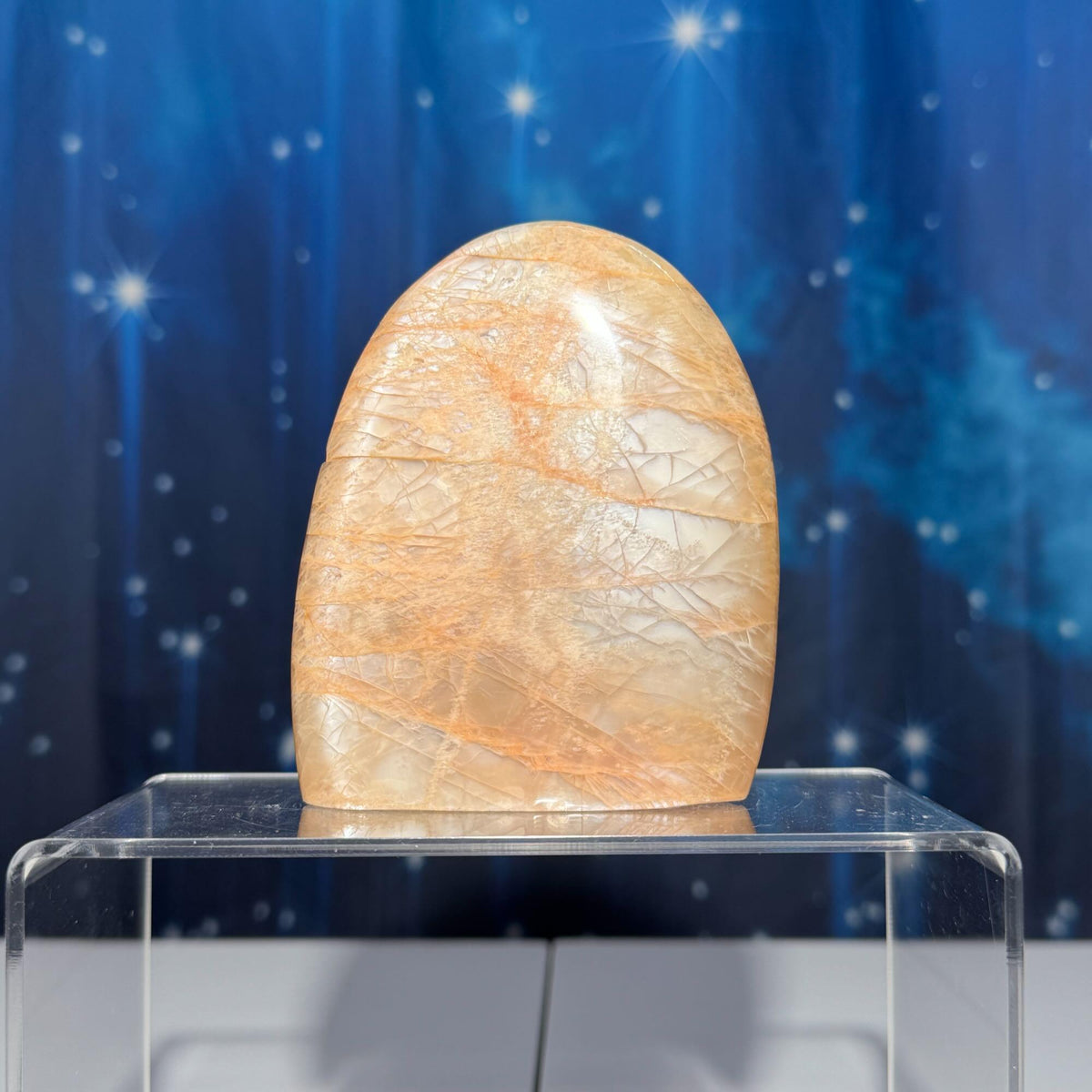flashy Peach Moonstone free form | 4" tall | 434 grams | dual flash | Damage Discount