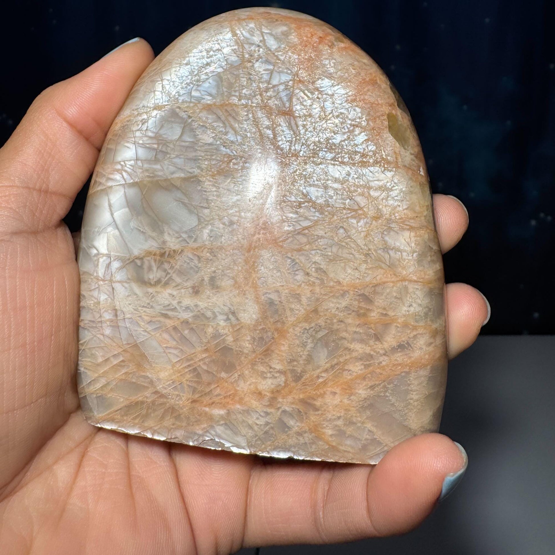 flashy Peach Moonstone free form | 4" tall | 434 grams | dual flash | Damage Discount