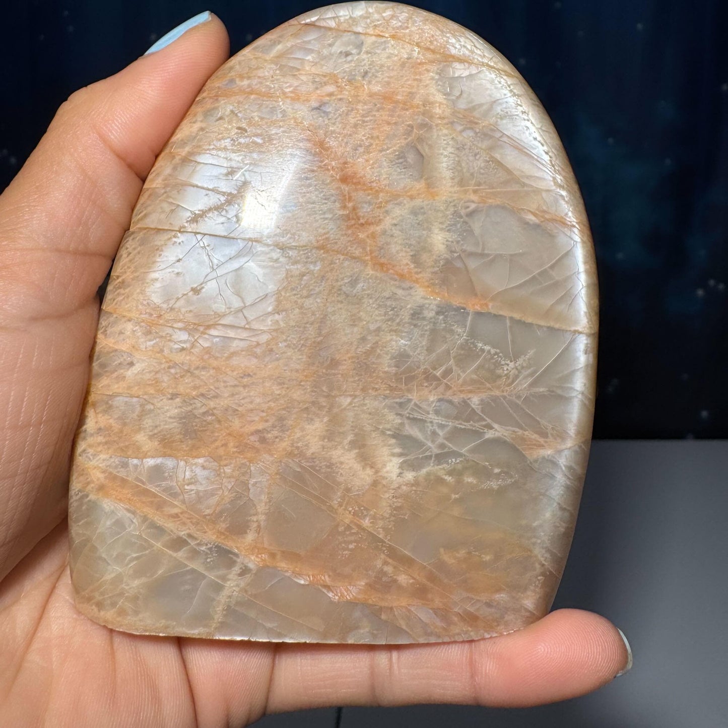 flashy Peach Moonstone free form | 4" tall | 434 grams | dual flash | Damage Discount