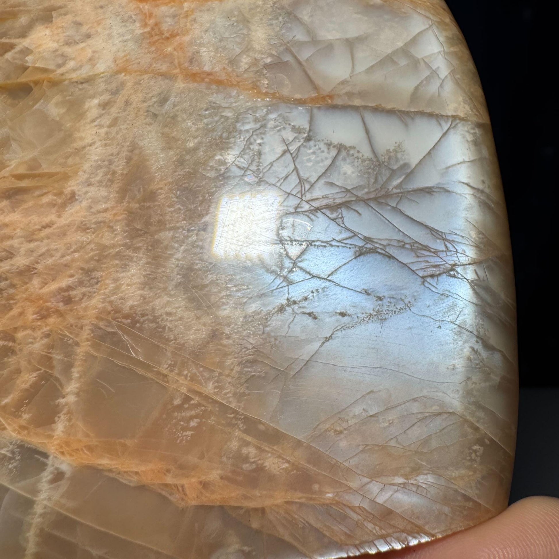 flashy Peach Moonstone free form | 4" tall | 434 grams | dual flash | Damage Discount