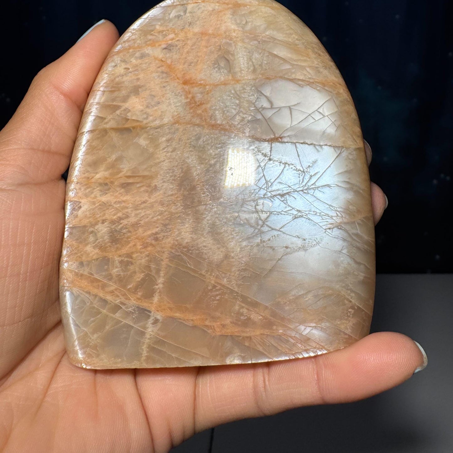 flashy Peach Moonstone free form | 4" tall | 434 grams | dual flash | Damage Discount