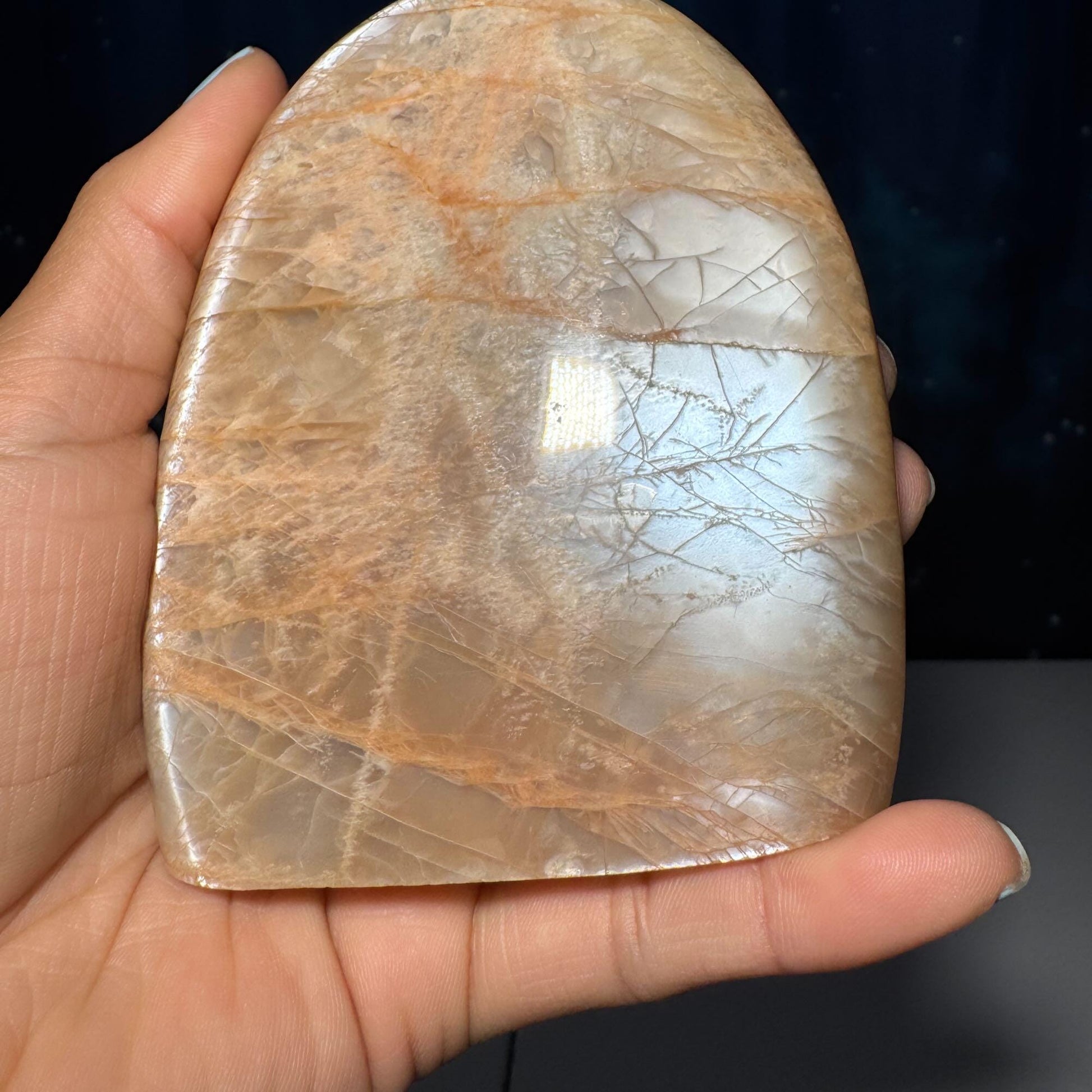 flashy Peach Moonstone free form | 4" tall | 434 grams | dual flash | Damage Discount