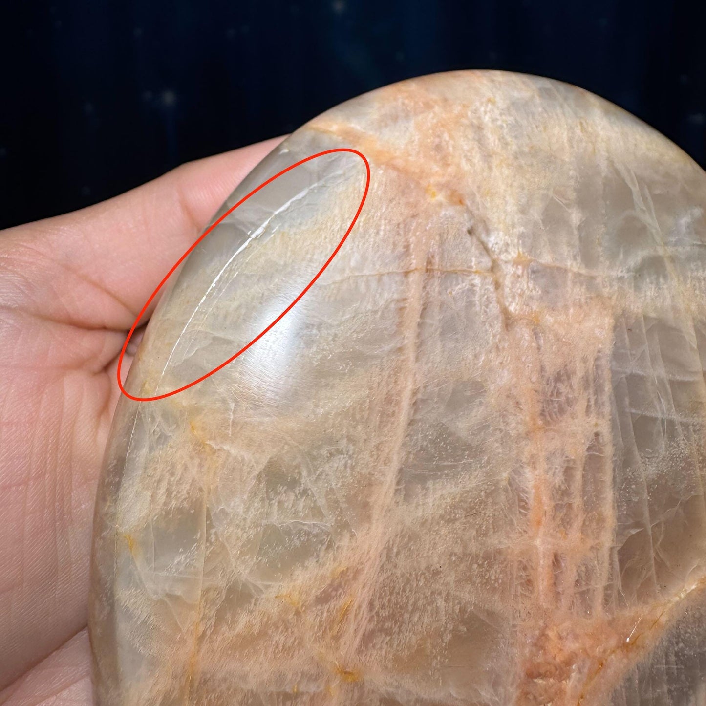flashy Peach Moonstone free form | 4 1/8" tall | 516 grams | dual flash | Damage Discount