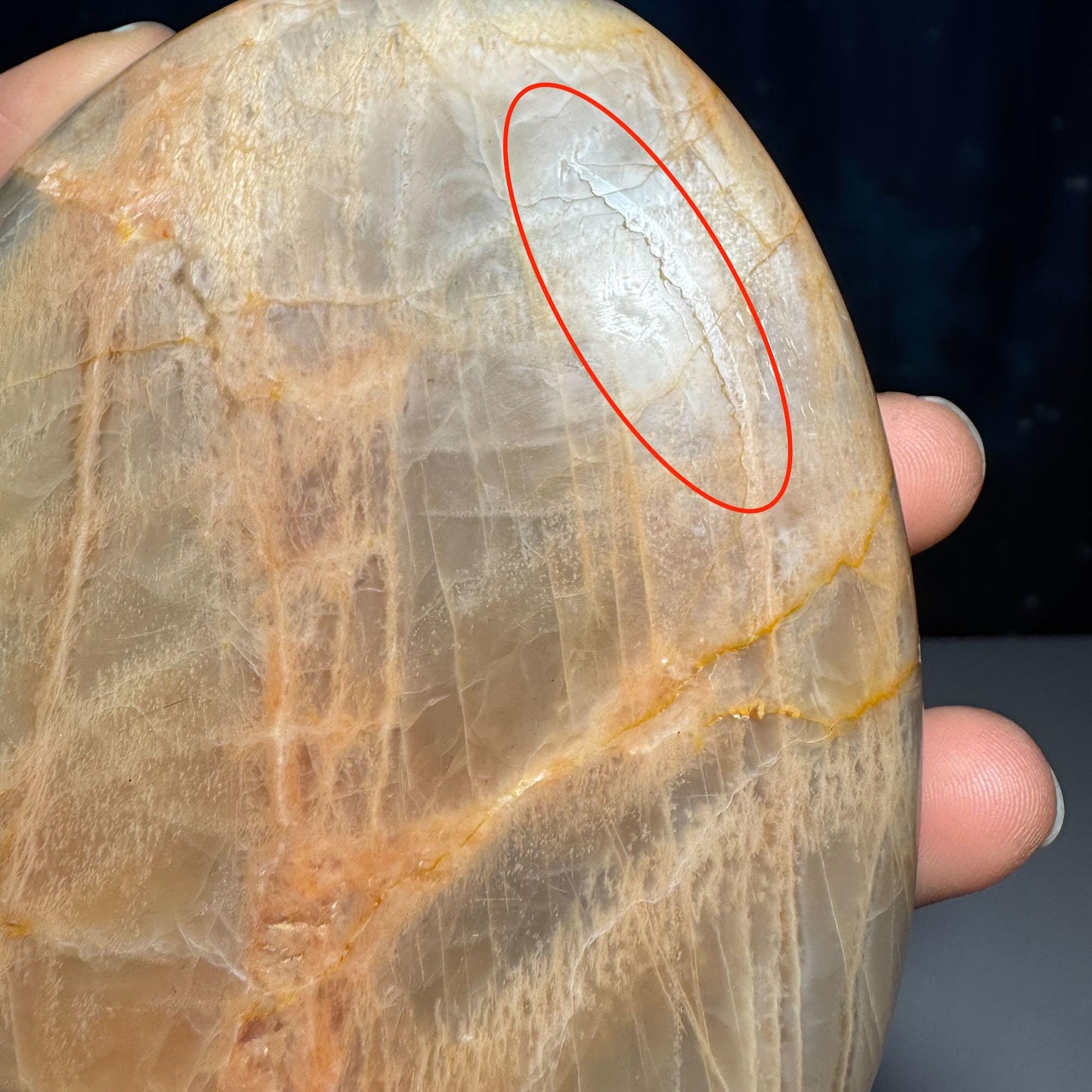 flashy Peach Moonstone free form | 4 1/8" tall | 516 grams | dual flash | Damage Discount