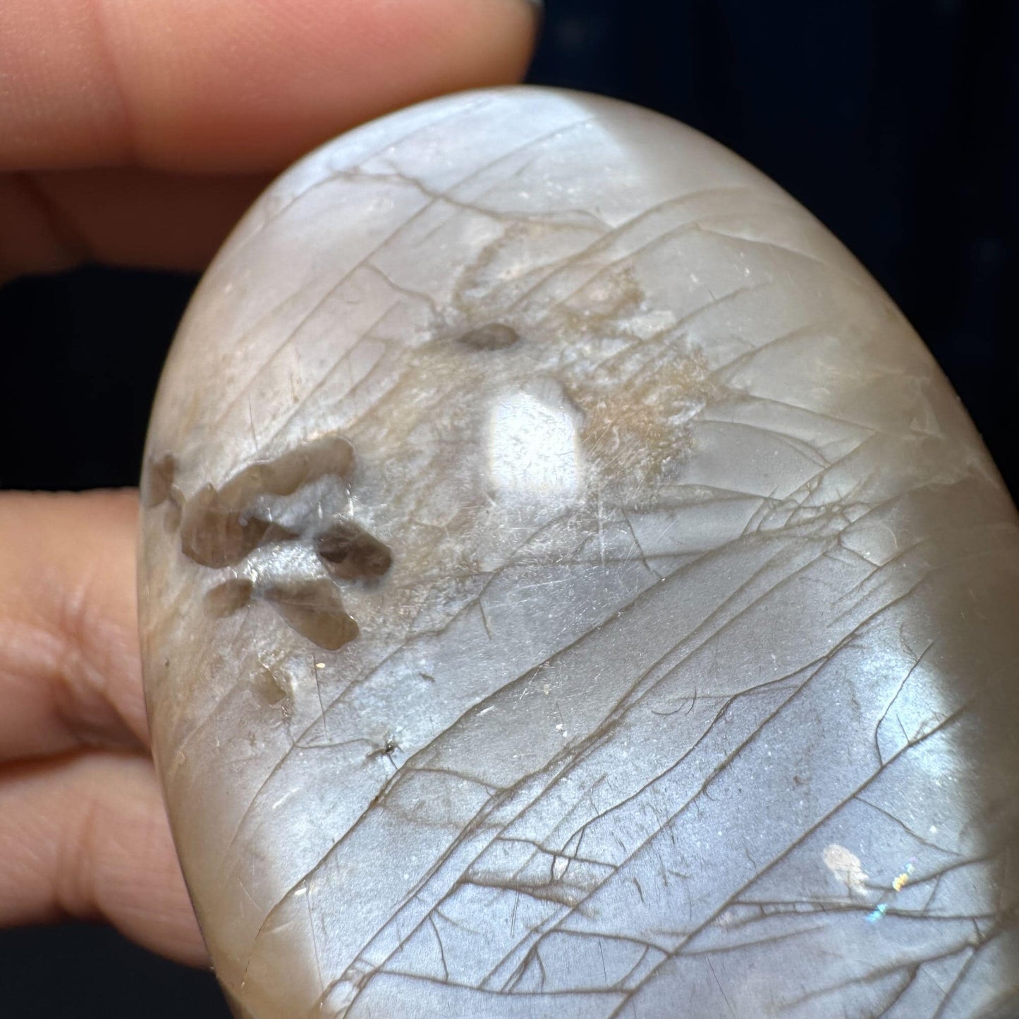 Flashy Peach Moonstone palm stone | 2 5/8" long | 113 grams | dual flash | Sunstone inclusion | Smoky Quartz inclusion
