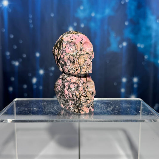 Rhodonite skull stacked | 3” tall | 240 grams | hand carved | Rhodonite double skull | twin skull