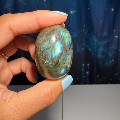 Labradorite palm stone | 1 7/8” long | 76 grams | blue flash | yellow flash | silver flash | orange flash