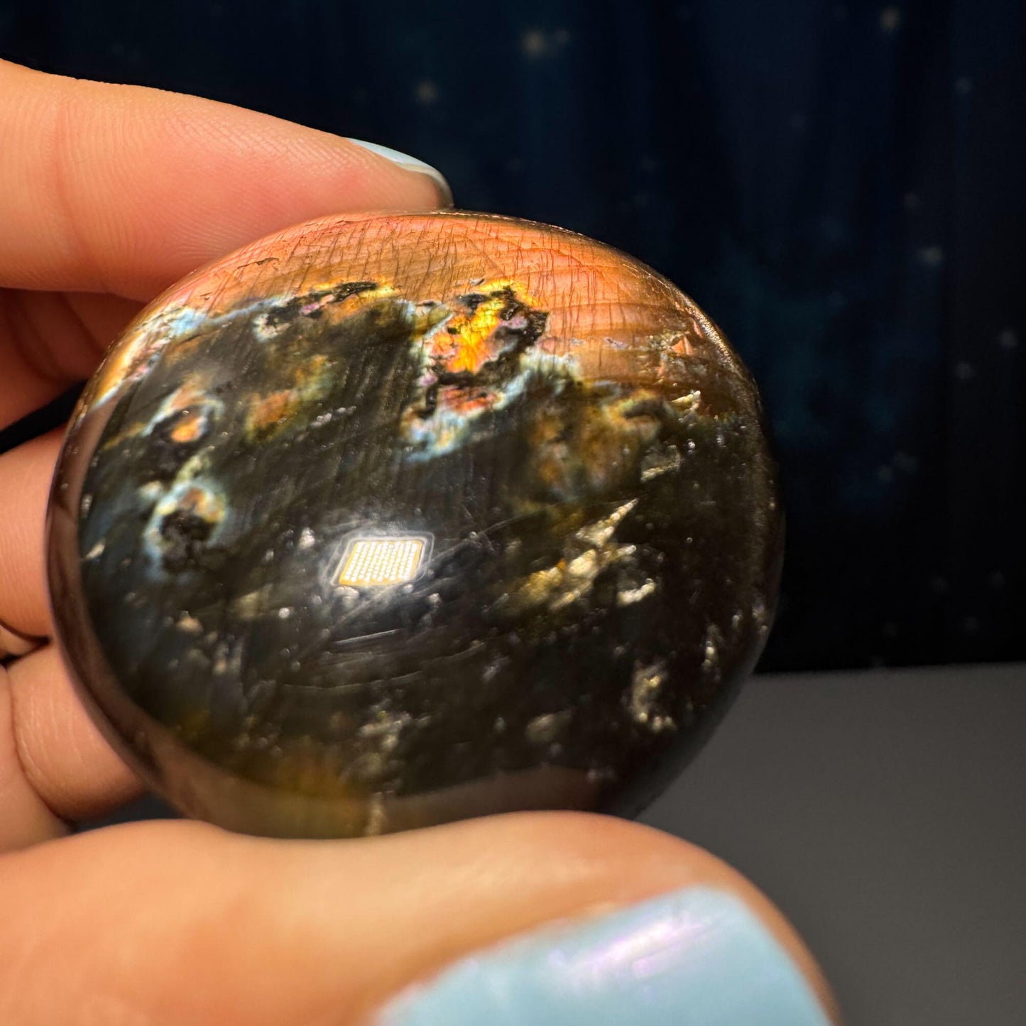 Flashy Labradorite palm stone | 1 7/8” long | 57 grams | orange flash | blue flash | silver flash | pink flash | rainbow