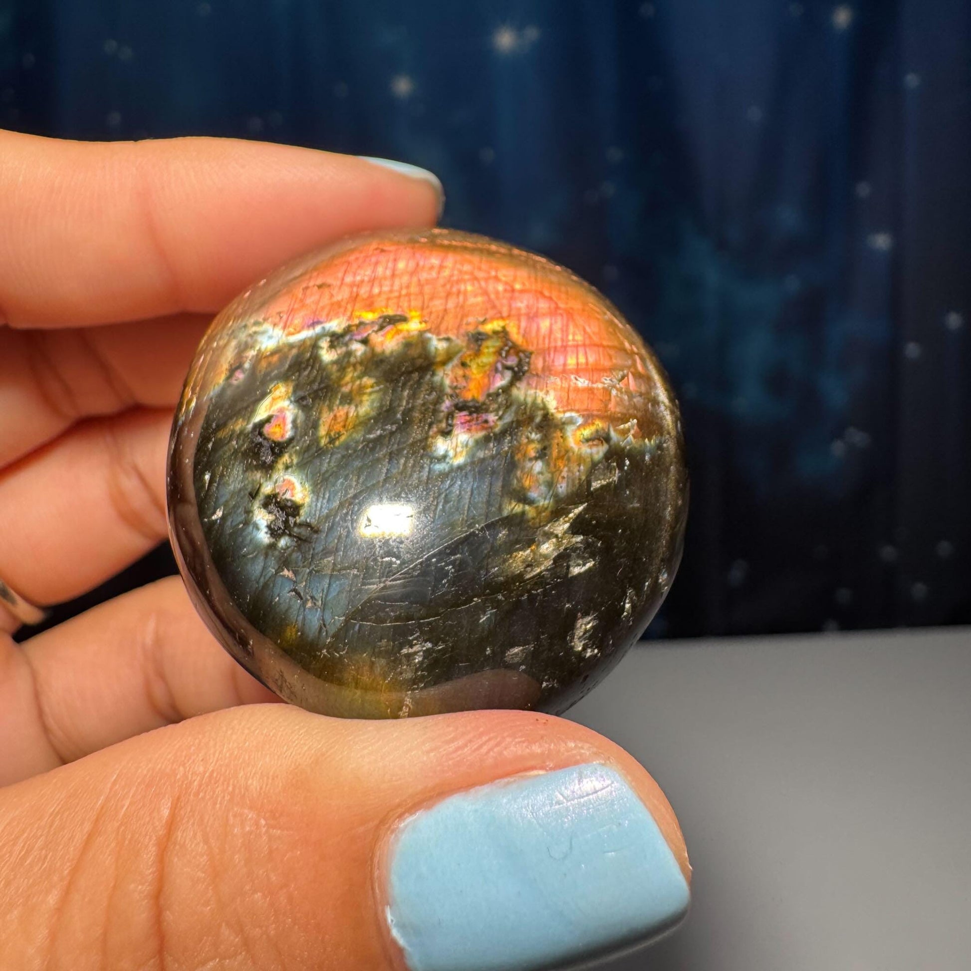 Flashy Labradorite palm stone | 1 7/8” long | 57 grams | orange flash | blue flash | silver flash | pink flash | rainbow