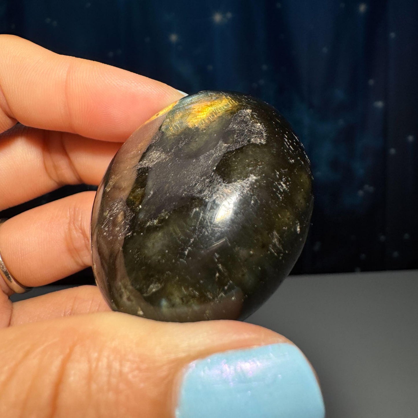 Flashy Labradorite palm stone | 1 7/8” long | 57 grams | orange flash | blue flash | silver flash | pink flash | rainbow