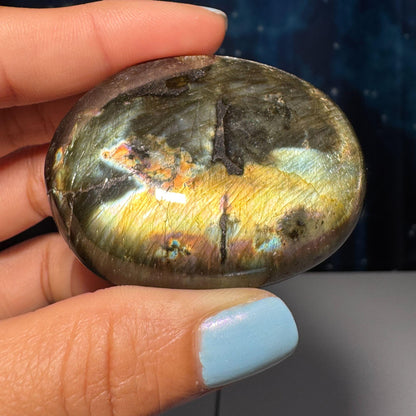 Flashy Labradorite palm stone | 2 1/8” long | 70 grams | silver flash | orange flash | blue flash | yellow flash | pink flash | purple flash