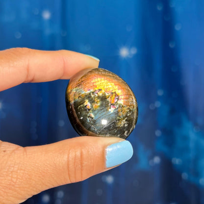 Flashy Labradorite palm stone | 1 7/8” long | 57 grams | orange flash | blue flash | silver flash | pink flash | rainbow