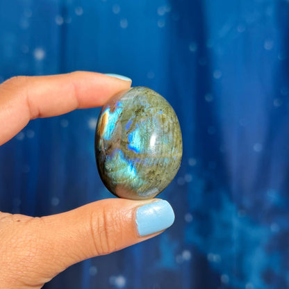 Labradorite palm stone | 1 7/8” long | 76 grams | blue flash | yellow flash | silver flash | orange flash