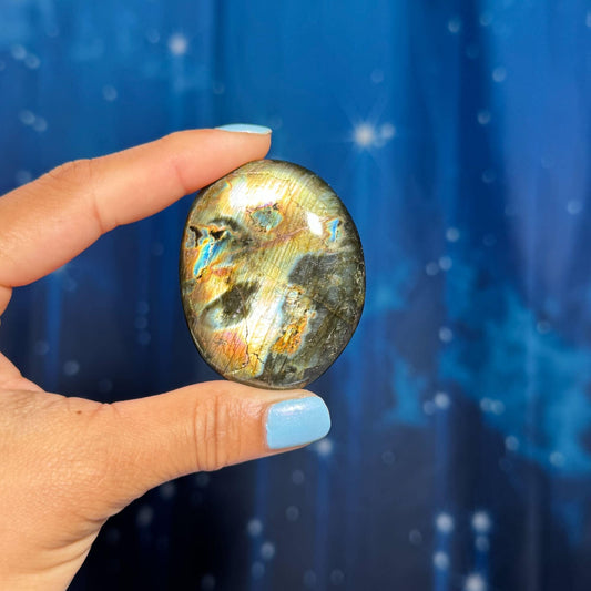 Flashy Labradorite palm stone | 2 1/8” long | 70 grams | silver flash | orange flash | blue flash | yellow flash | pink flash | purple flash