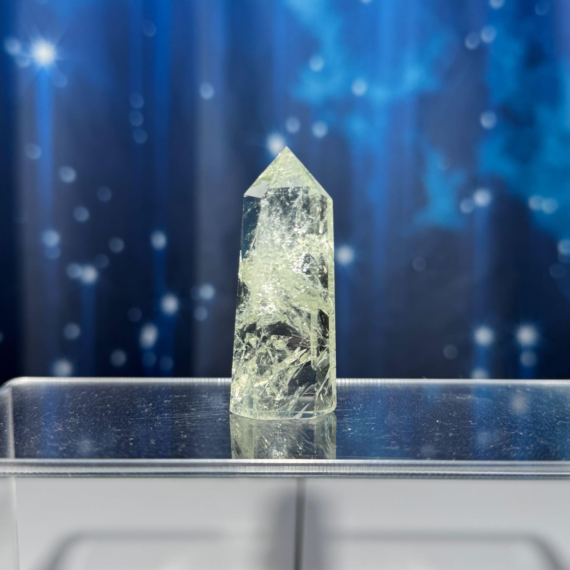 Prasiolite mini point | 2 1/8” tall | 25 grams | with rainbows | heat-treated Amethyst | Damage Discount