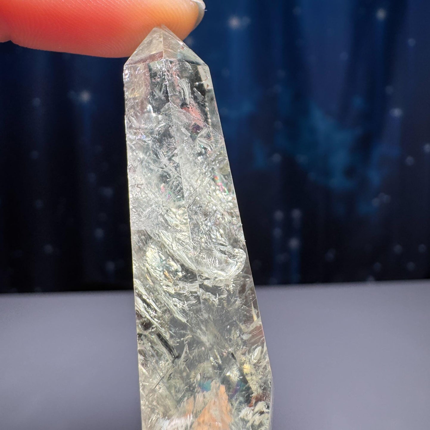Prasiolite mini point | 2 1/8” tall | 25 grams | with rainbows | heat-treated Amethyst | Damage Discount