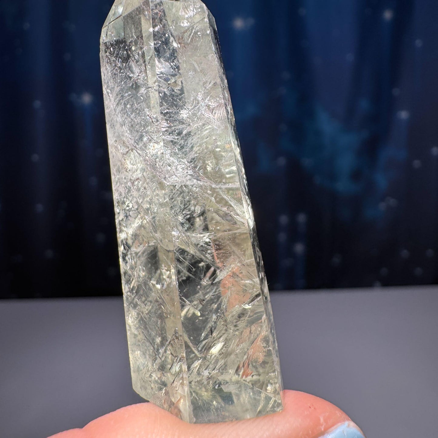 Prasiolite mini point | 2 1/8” tall | 25 grams | with rainbows | heat-treated Amethyst | Damage Discount