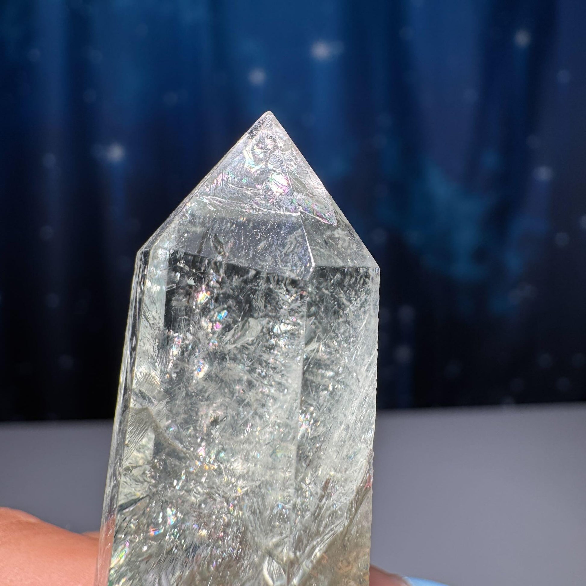 Prasiolite mini point | 2 1/8” tall | 25 grams | with rainbows | heat-treated Amethyst | Damage Discount