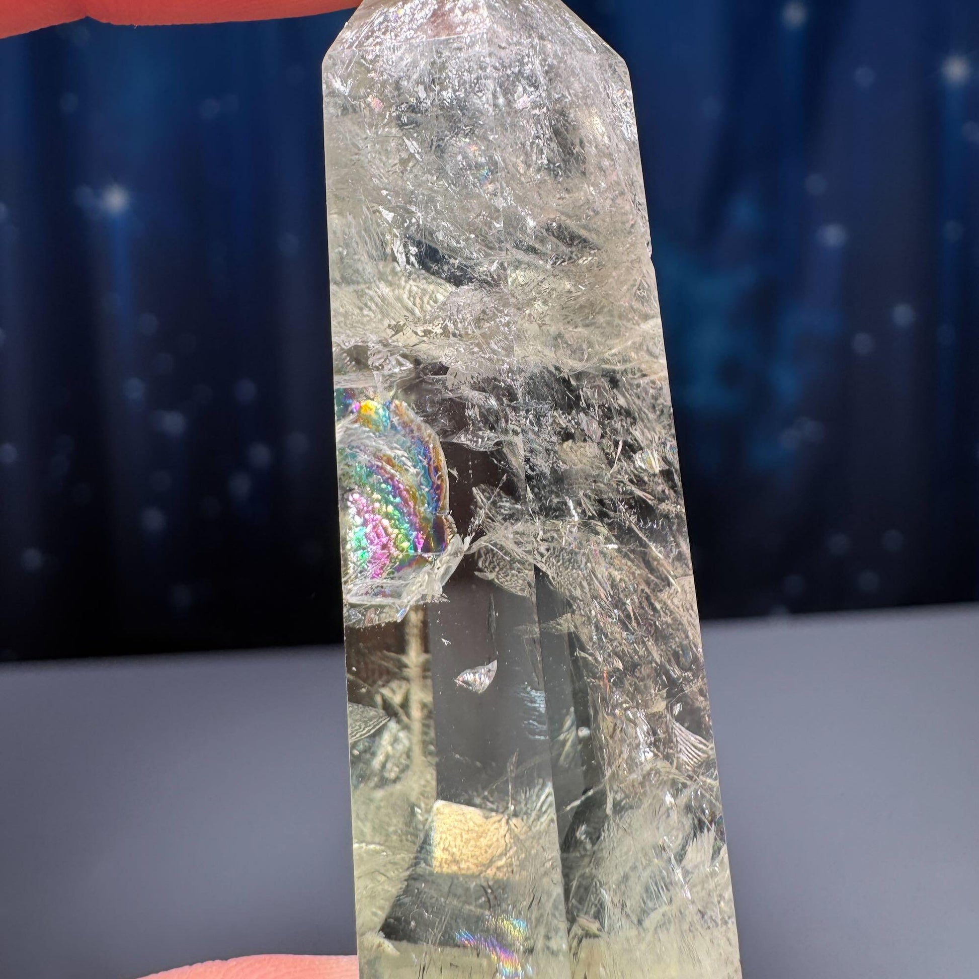 Prasiolite mini point | 2” tall | 22 grams | Damage Discount | with rainbows | heat treated Amethyst