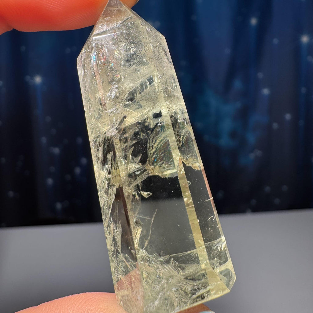 Prasiolite mini point | 2” tall | 22 grams | Damage Discount | with rainbows | heat treated Amethyst