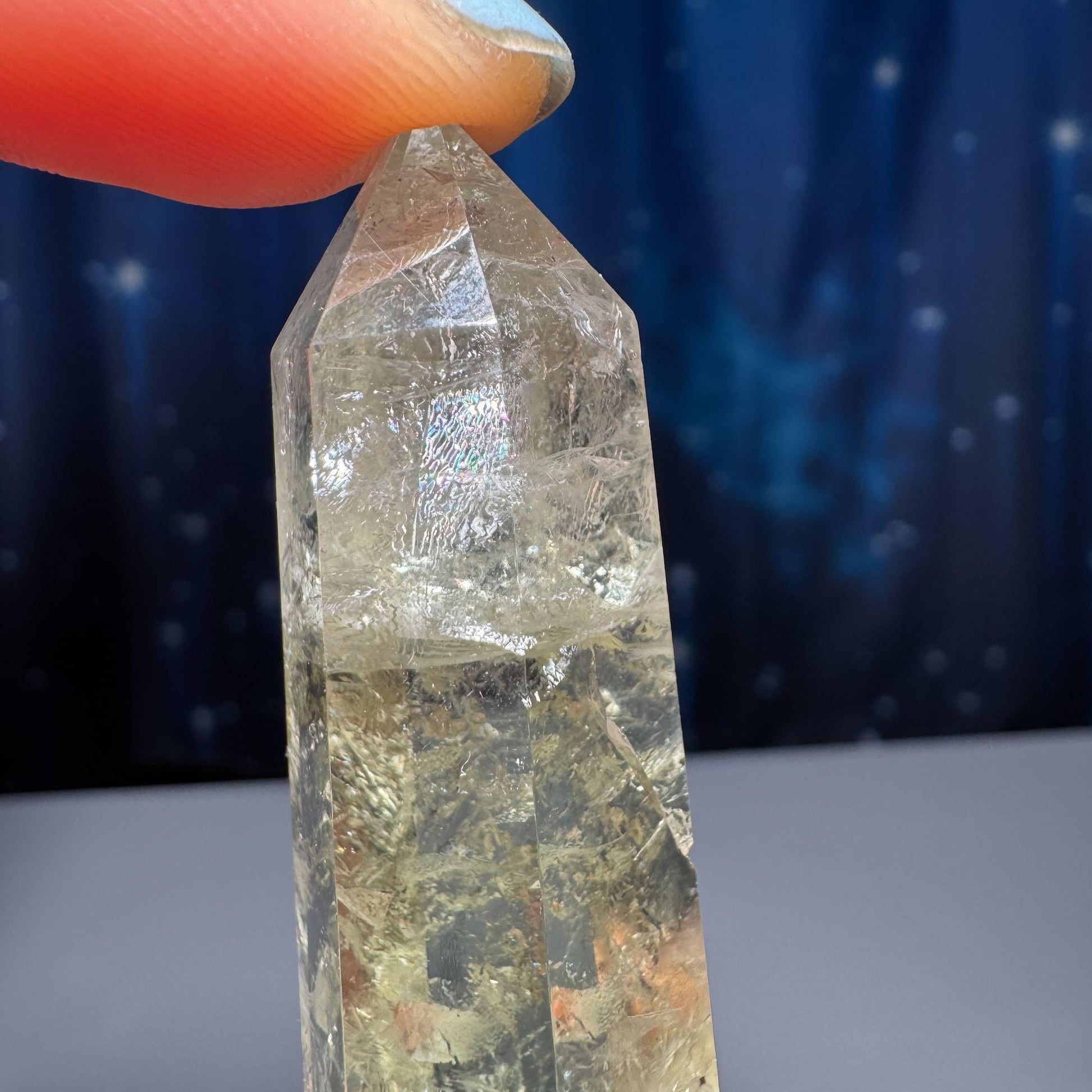 Prasiolite mini point | 2” tall | 22 grams | Damage Discount | with rainbows | heat treated Amethyst