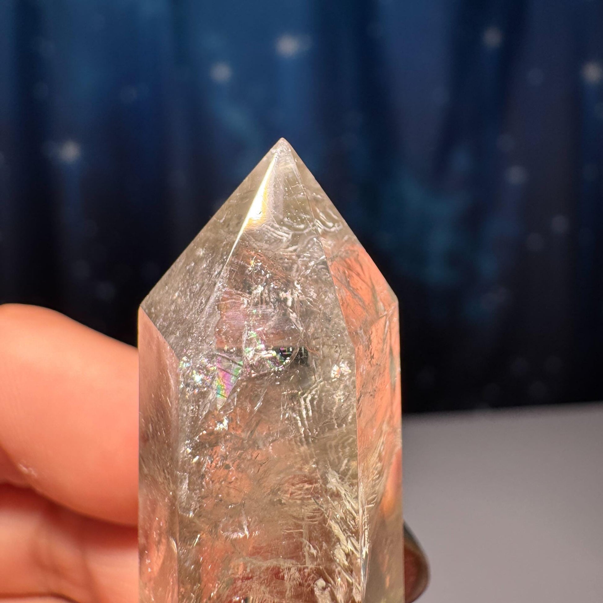 Prasiolite mini point | 2” tall | 22 grams | Damage Discount | with rainbows | heat treated Amethyst