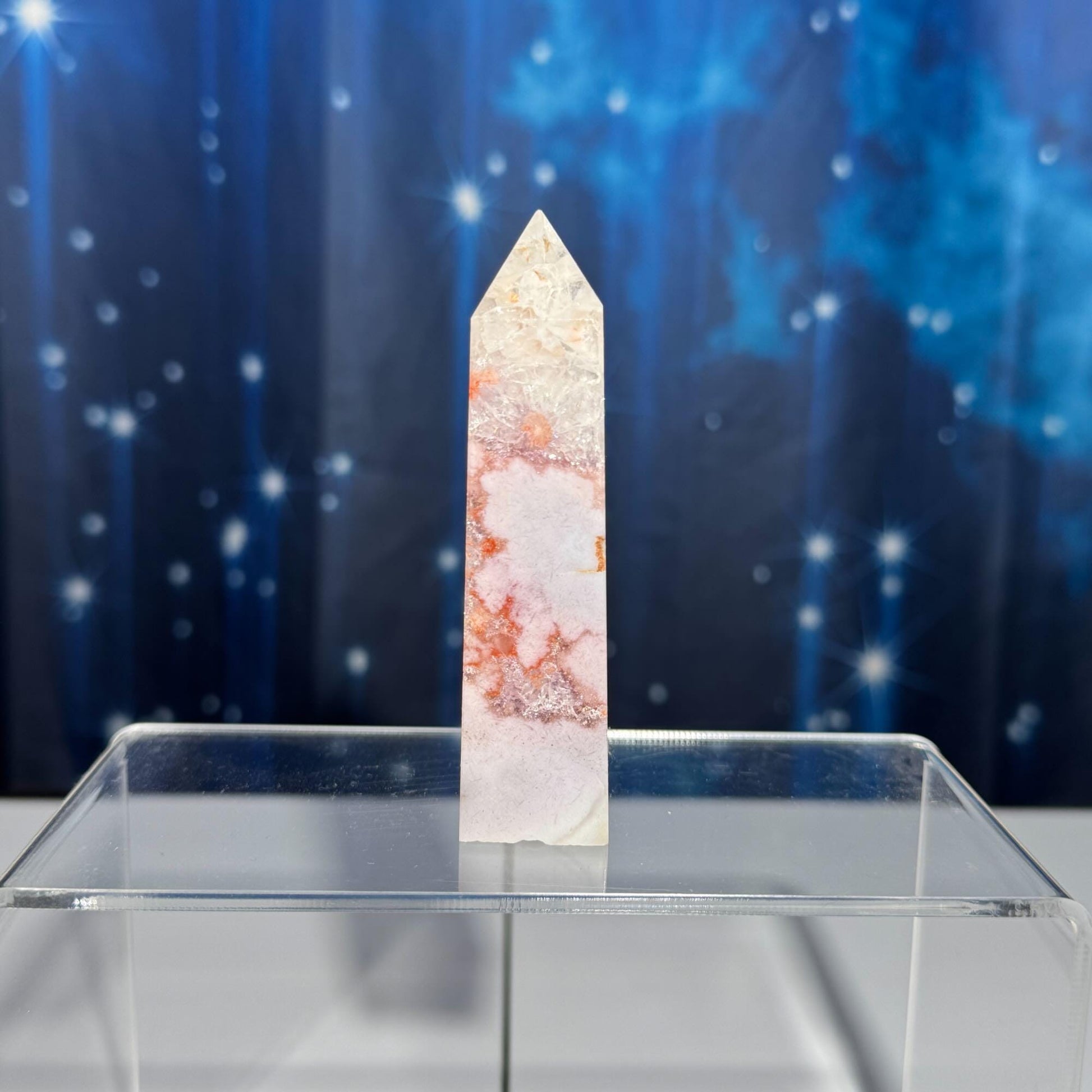 Pink Amethyst with Flower Agate point | 3 5/8" tall | 98 grams | with Quartz | lots of rainbows | obelisk