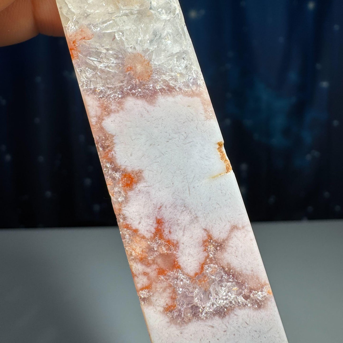 Pink Amethyst with Flower Agate point | 3 5/8" tall | 98 grams | with Quartz | lots of rainbows | obelisk