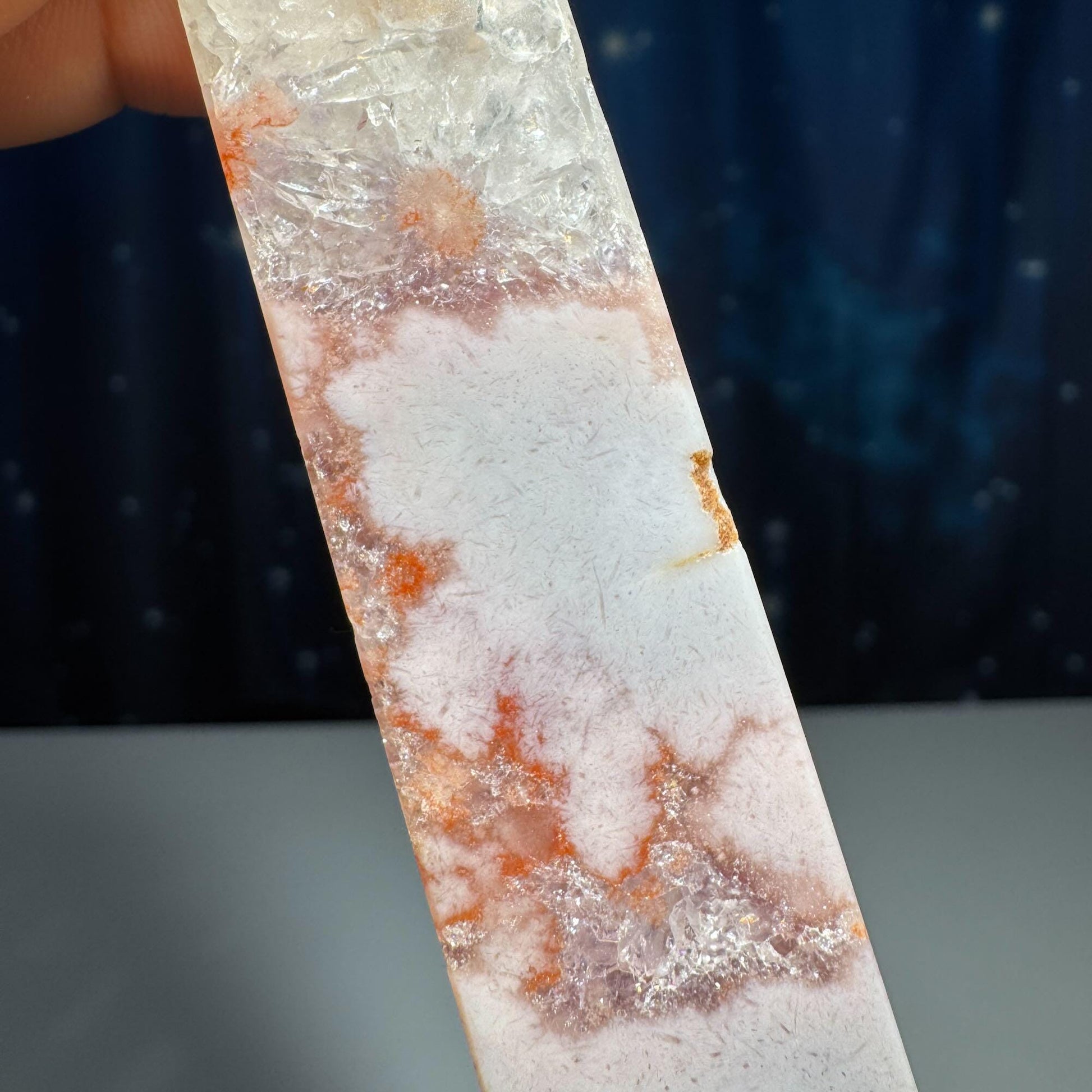 Pink Amethyst with Flower Agate point | 3 5/8" tall | 98 grams | with Quartz | lots of rainbows | obelisk