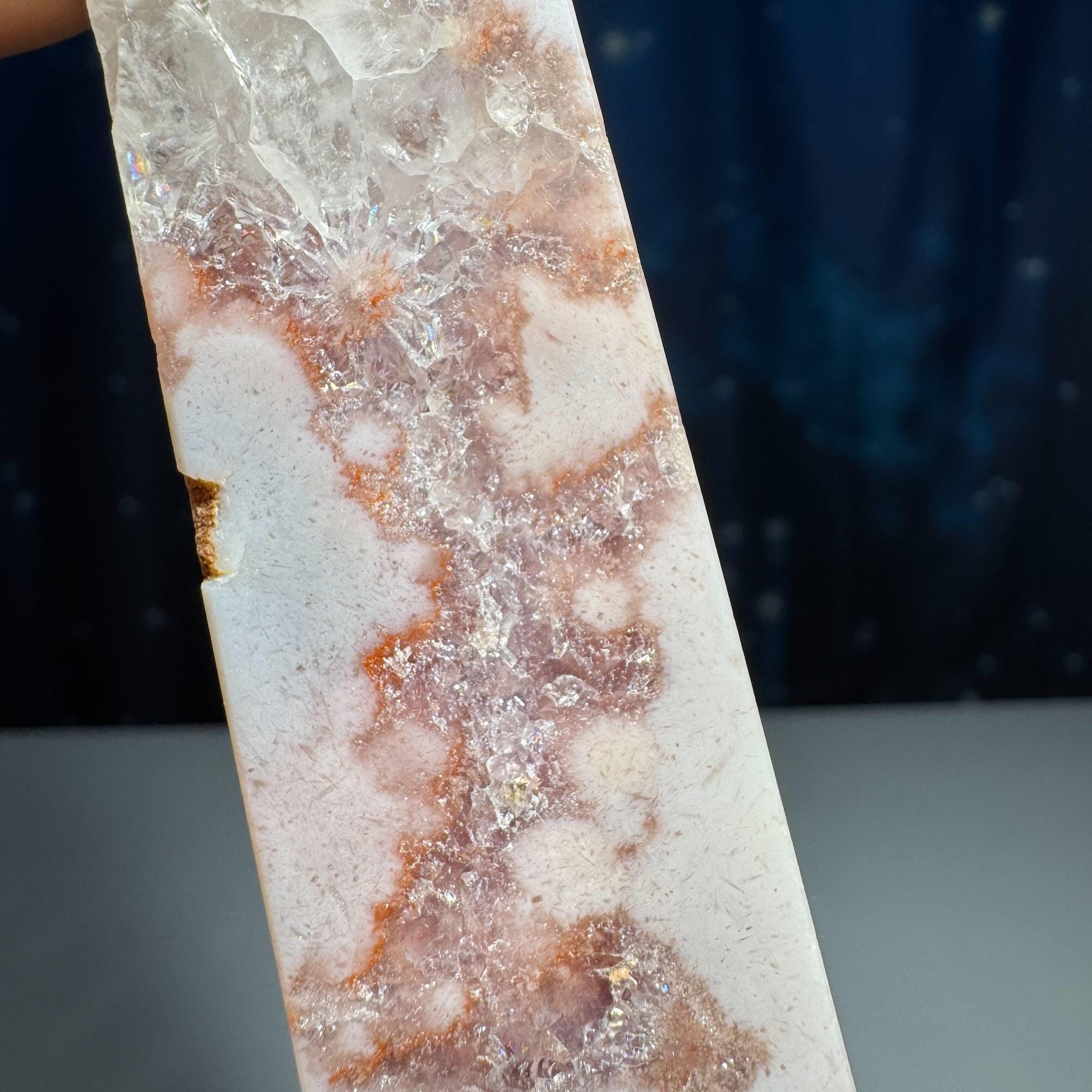 Pink Amethyst with Flower Agate point | 3 5/8" tall | 98 grams | with Quartz | lots of rainbows | obelisk