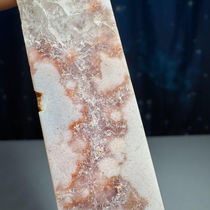 Pink Amethyst with Flower Agate point | 3 5/8" tall | 98 grams | with Quartz | lots of rainbows | obelisk