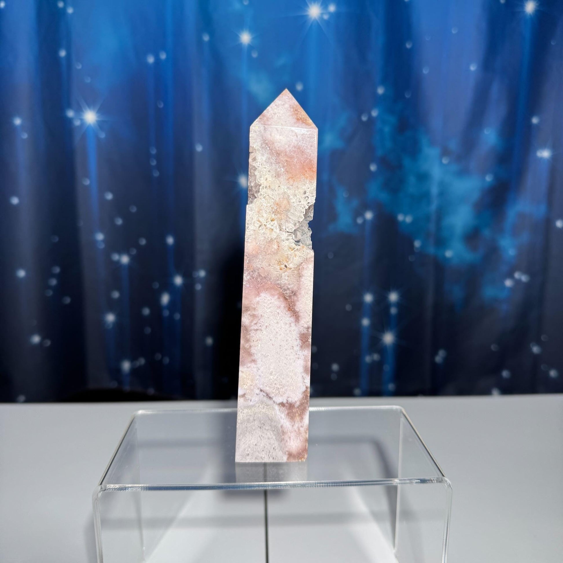 Pink Amethyst with Flower Agate tower | 6 3/8" tall | 329 grams | with Quartz | mini rainbows