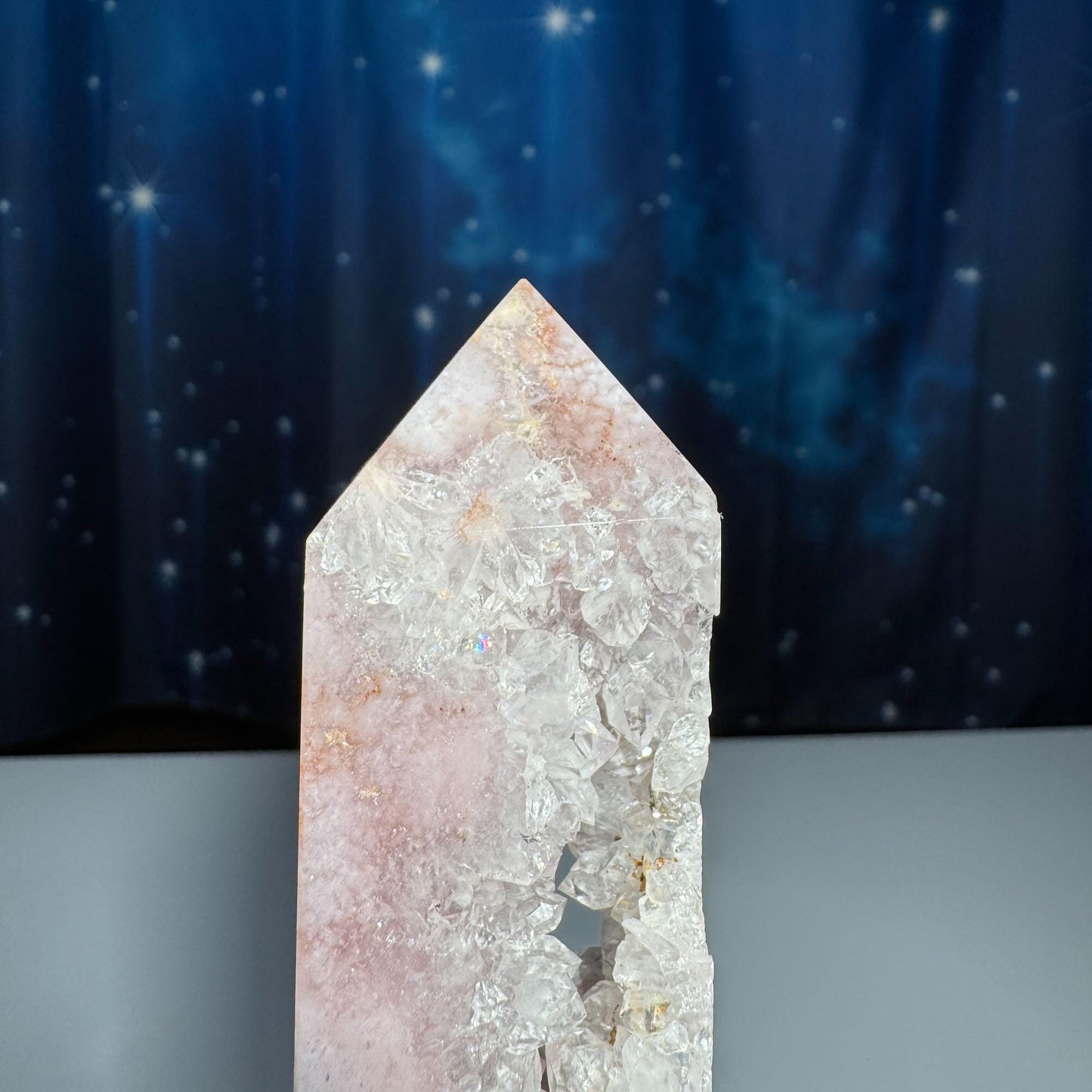 Pink Amethyst with Flower Agate tower | 6 3/8" tall | 329 grams | with Quartz | mini rainbows