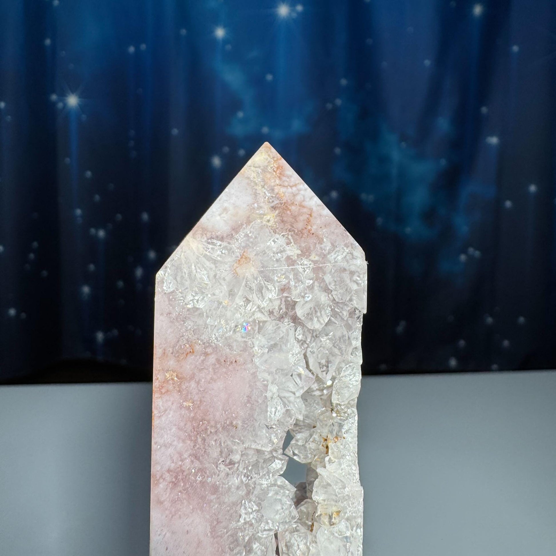 Pink Amethyst with Flower Agate tower | 6 3/8" tall | 329 grams | with Quartz | mini rainbows