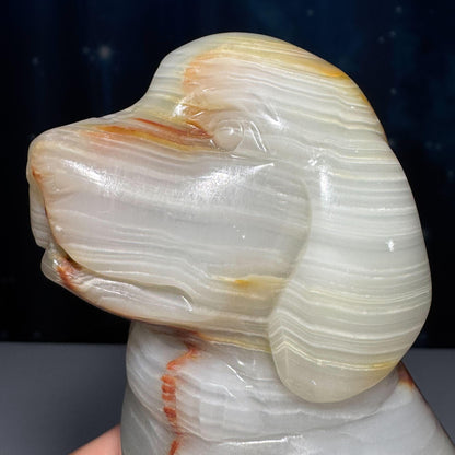 Banded Calcite dog carving | 4 3/4" tall | 805 grams | banded Marble | green Calcite
