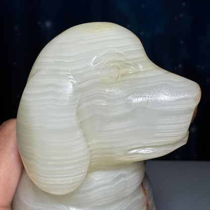 Banded Calcite dog carving | 4 3/4" tall | 805 grams | banded Marble | green Calcite