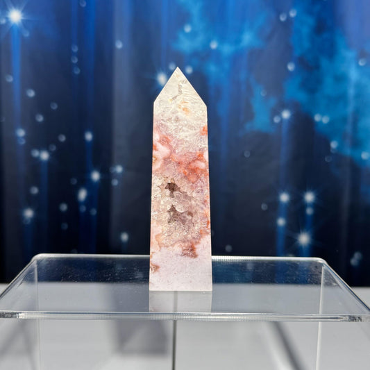 Pink Amethyst with Flower Agate point | 3 5/8" tall | 98 grams | with Quartz | lots of rainbows | obelisk