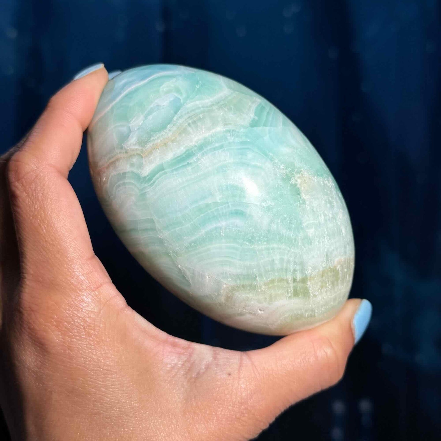 Caribbean Calcite goddess egg | 4 1/4" long | 748 grams | ocean blue | Tucson find | pill shape | ellipsoid