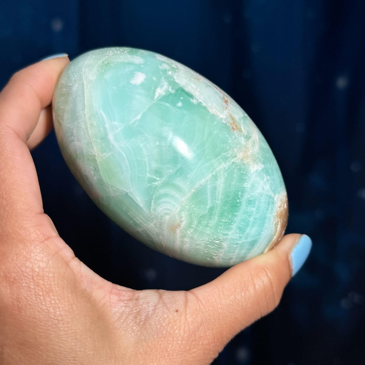 Caribbean Calcite goddess egg | 3 7/8" long | 544 grams | ocean blue | Tucson find | pill shape | ellipsoid