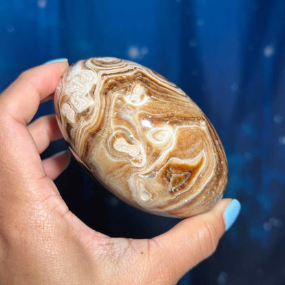 Brown Aragonite goddess egg | 3 3/4" long | 465 grams | gorgeous banding | Tucson find | pill shape | ellipsoid