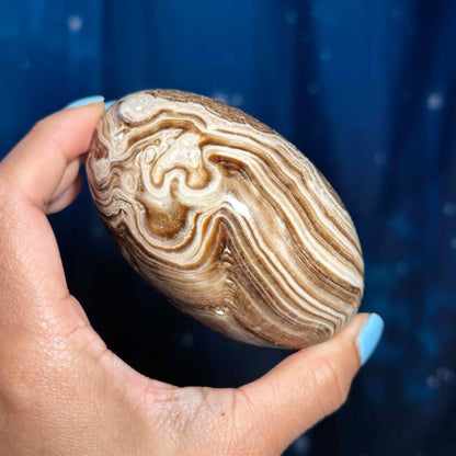 Brown Aragonite goddess egg | 3 3/4" long | 465 grams | gorgeous banding | Tucson find | pill shape | ellipsoid